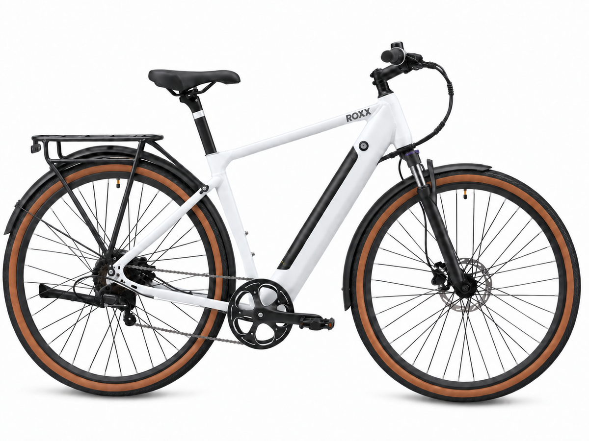 Roxx Gravel Wit elektrische fiets van Roxx Bike, comfortabel model voor dagelijks woon-werkverkeer, met bagagedrager en lage instap.