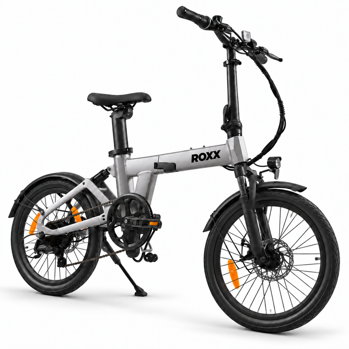 Roxx X Grey elektrische vouwfiets van Roxx Bike, compacte stadsfiets met elektrische ondersteuning, grijze frame.