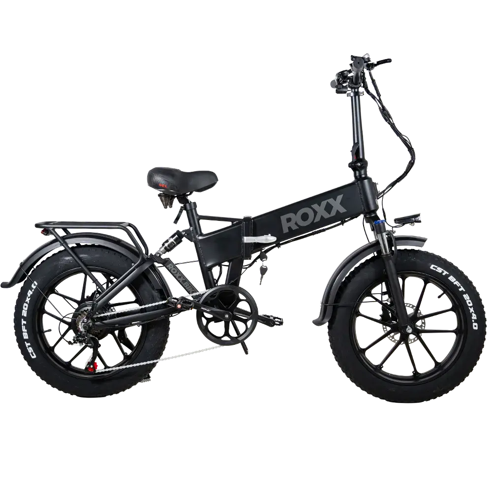 Elektrische fiets Roxx RX1+ van Roxx Bike in de doos, klaar voor montage, met zwart frame en elektrische aandrijving.