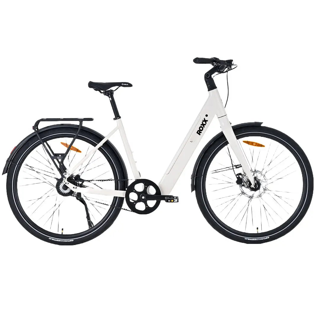 Elektrische fiets Roxx SL5 Beige van Roxx Bike, met comfortabele zithouding en moderne ontwerpdetails.