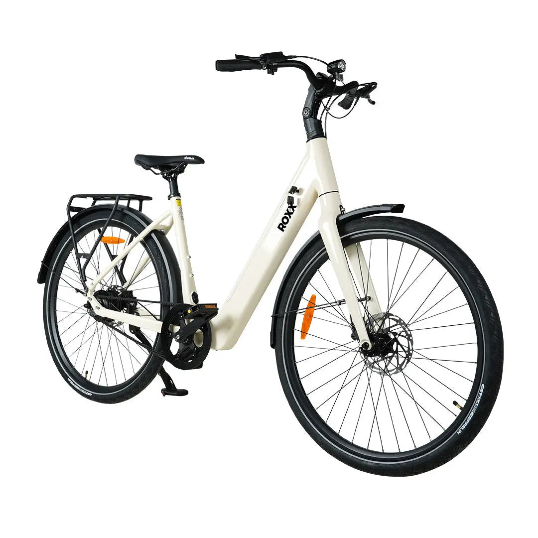 Elektrische fiets Roxx SL5 Beige van Roxx Bike, schuine hoekweergave met zwart frame en beige accenten.