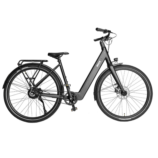 Roxx SL5 elektrische fiets in zwart, zichtbaar in de doos, met frame en accessoires van Roxx Bike.