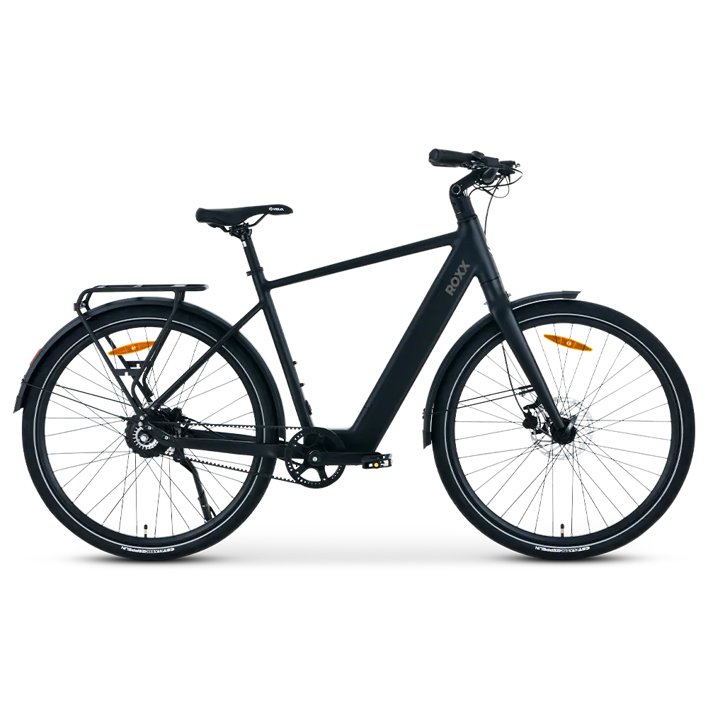 Zwarte Roxx SM5 elektrische fiets gezien vanaf de zijkant, met frame en wielen duidelijk zichtbaar.