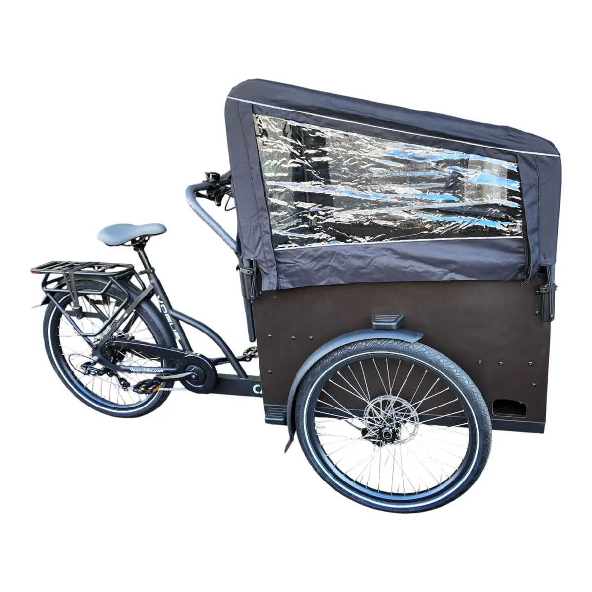 Vogue Caddy Matt zwarte/grijze elektrische bakfiets voor gezinnen, inclusief montage in doos, geschikt voor kindertransport en boodschappen.