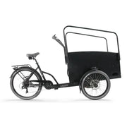 Vogue Caddy Matt zwarte/grijze elektrische bakfiets voor gezinnen, zichtbaar in de doos, met grote bak en elektrische aandrijving.
