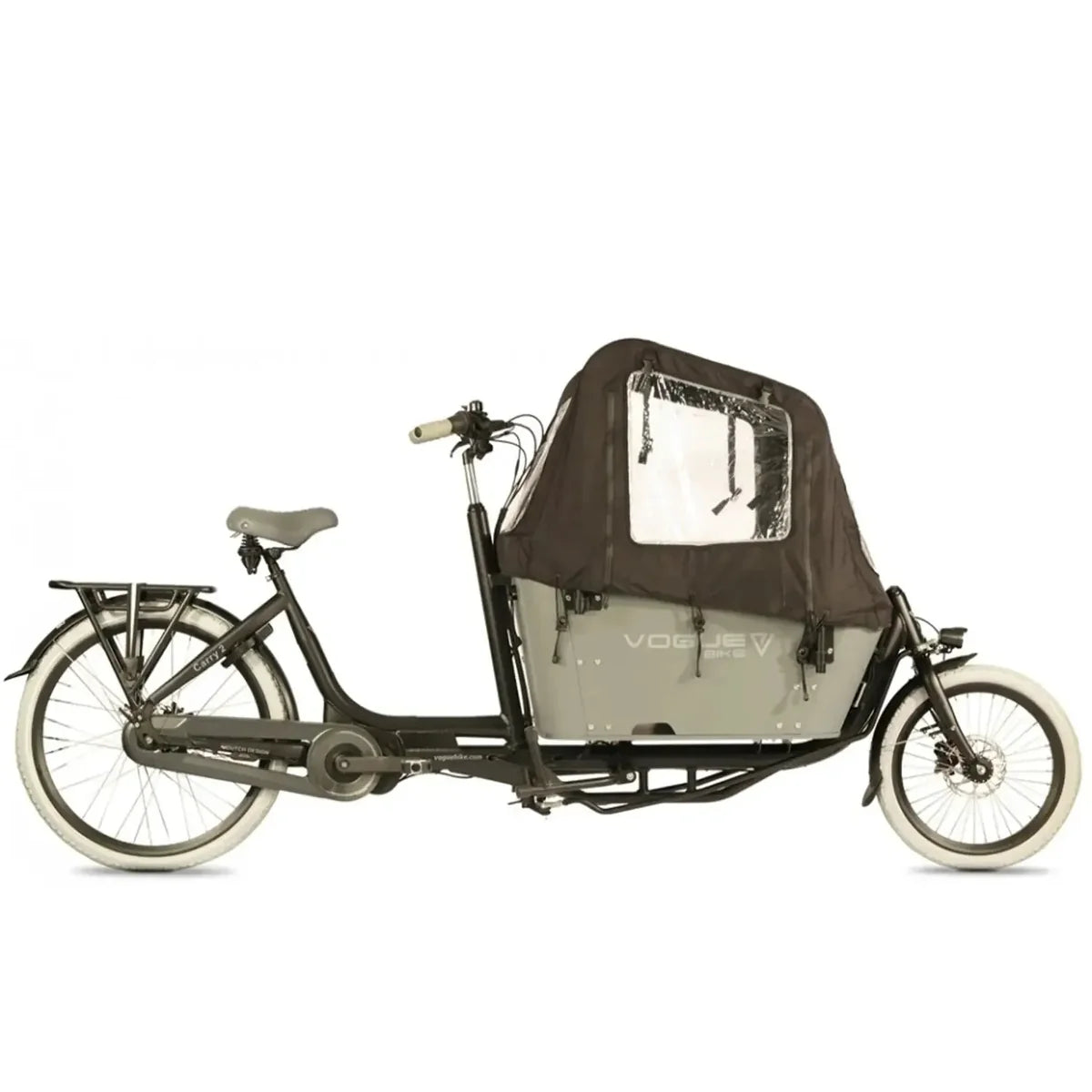 Vogue Carry 2 grijze elektrische bakfiets met middenmotor, stabiel frame en ruime bak voor comfortabel vervoer.