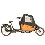 Vogue Carry 2 elektrische bakfiets in zwart en bruin met stevige middenmotor, geschikt voor gezins- en boodschappenvervoer.