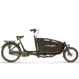 Zwart Vogue Carry 2 elektrische bakfiets met middenmotor en twee wielen, geschikt voor comfortabel stadsvervoer.