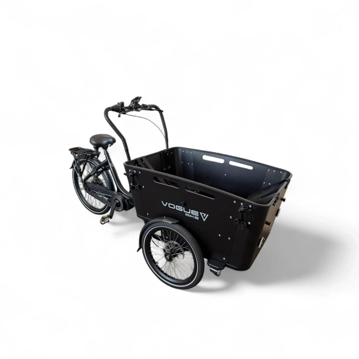 Zwart Vogue Carry 3 elektrische bakfiets met Bafang middenmotor en ruime laadbak, perfect voor vervoer in de stad
