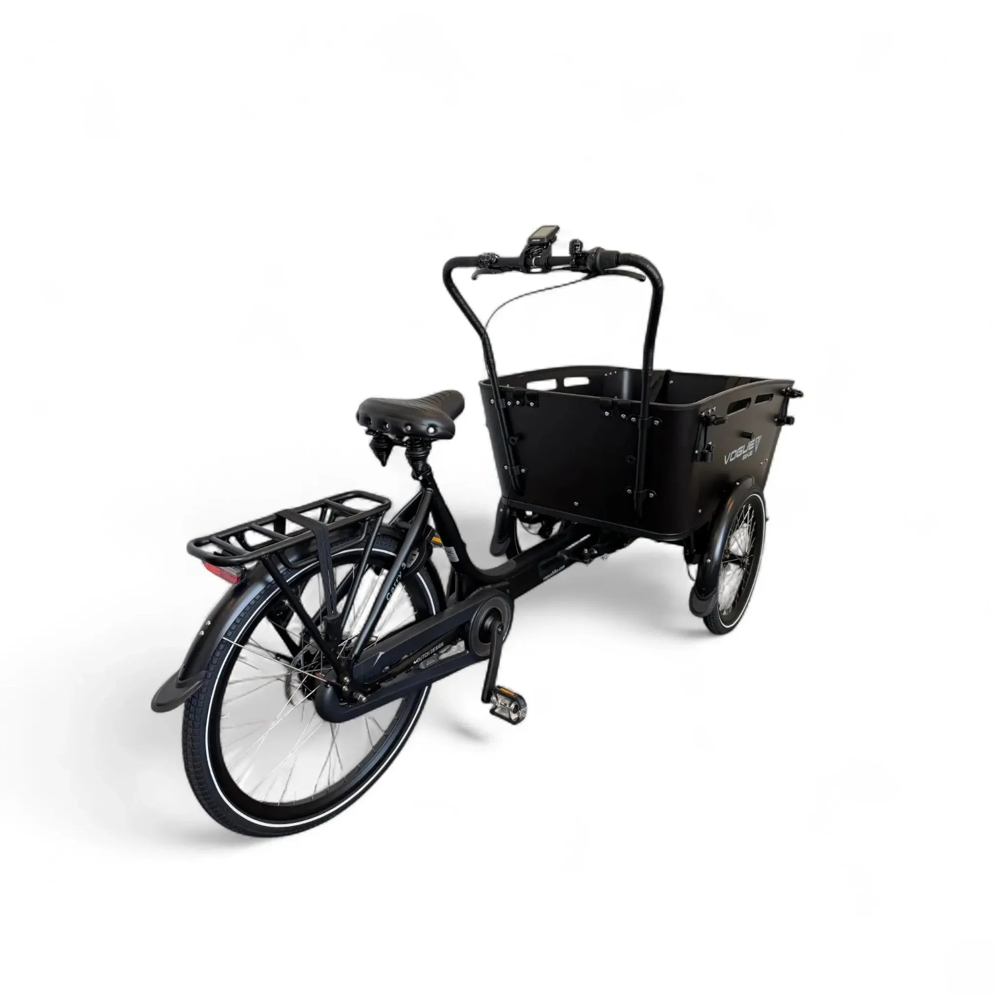 Zwart Vogue Carry 3 elektrische bakfiets met Bafang middenmotor en ruime bak voor kinderopvang of boodschappen.