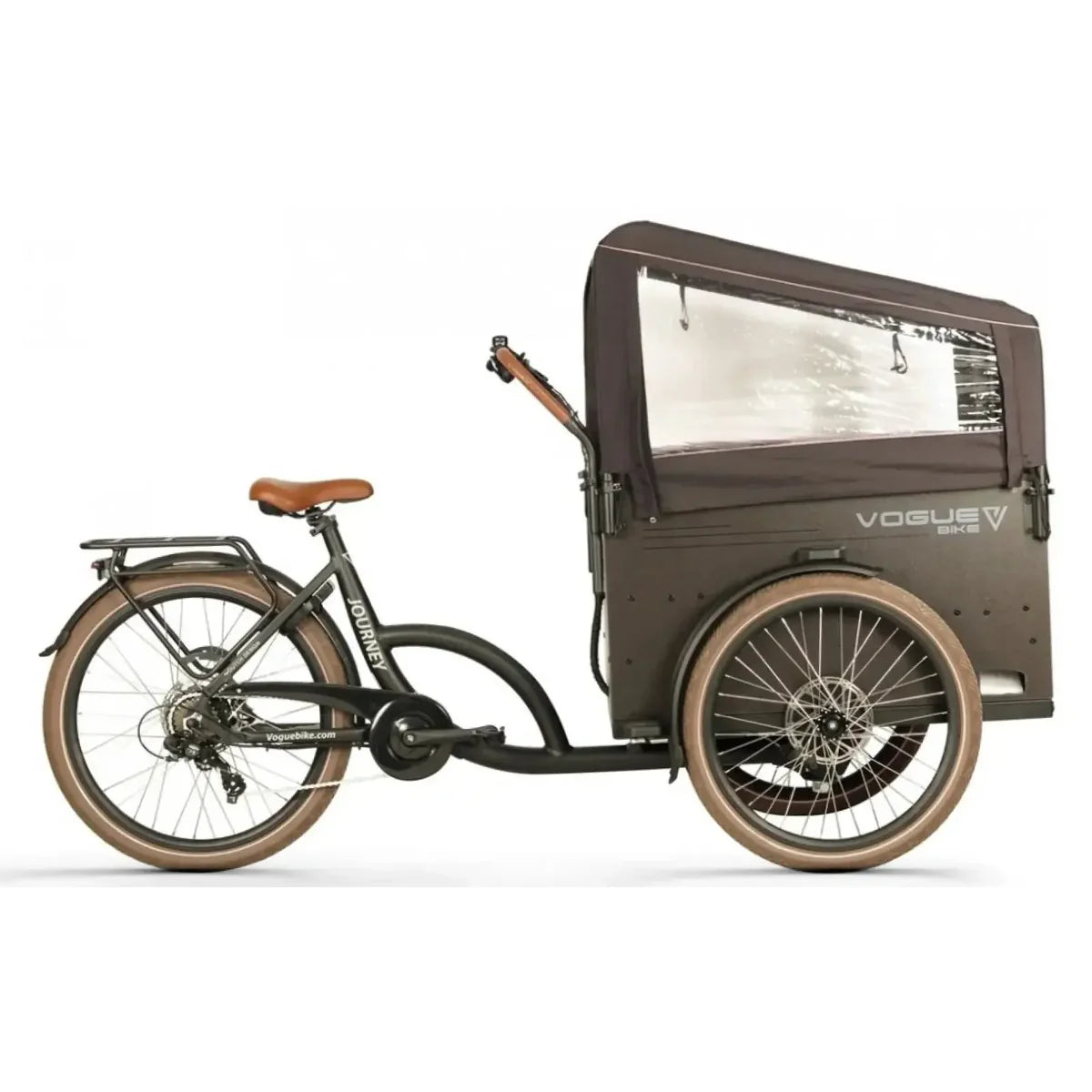 Vogue Journey Plus elektrische bakfiets zwart/bruin met middenmotor, robuuste e-bakfiets voor comfortabel vervoer