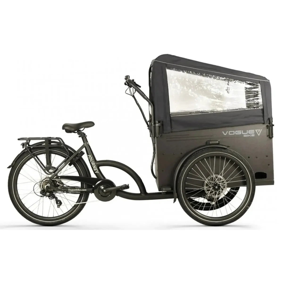 Vogue Journey Plus Matt Zwart elektrische bakfiets met middenmotor, stevig frame en ruime bak voor comfortabel vervoer