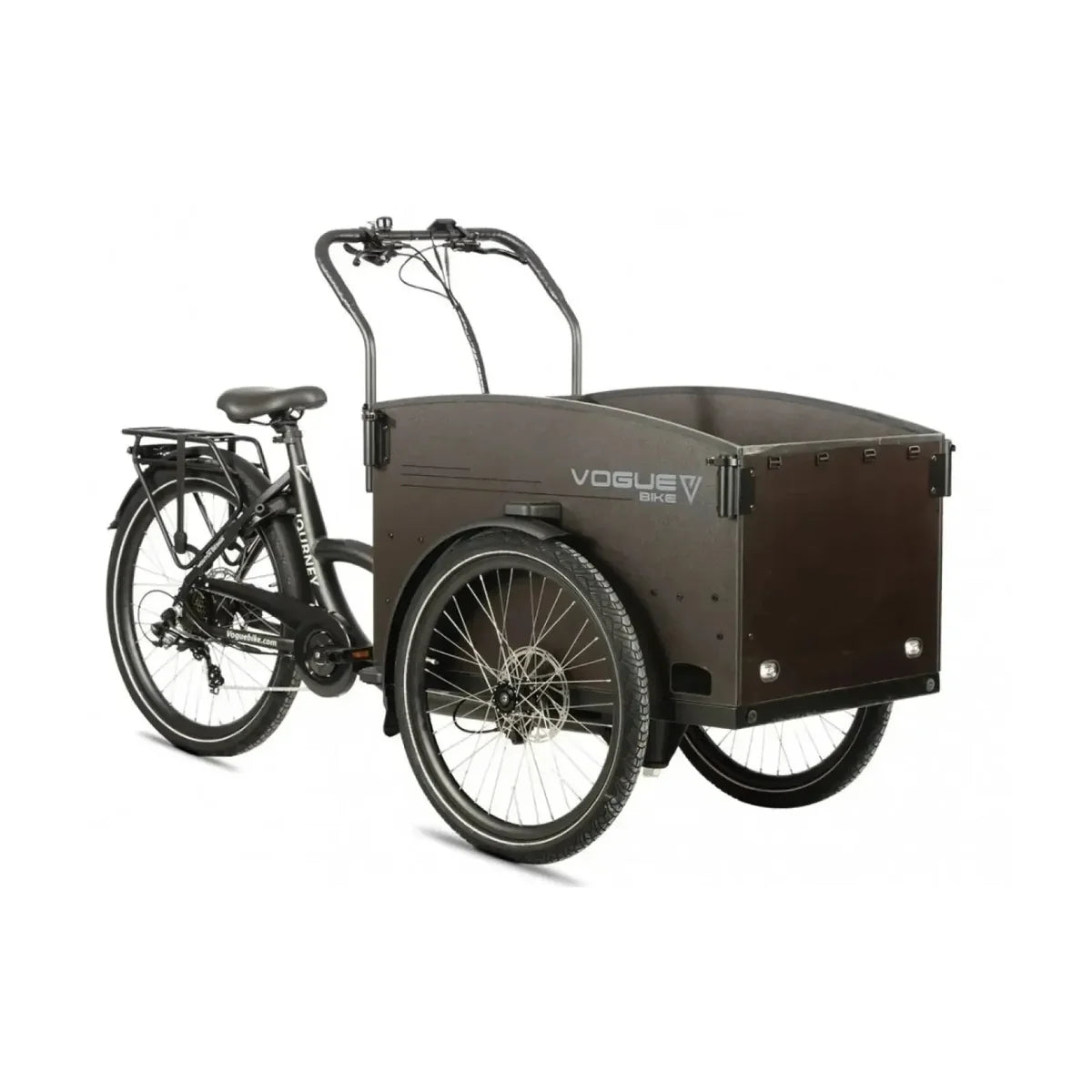 Elektrische bakfiets Vogue Journey Plus Matt Zwart met middenmotor, stevig frame en ruime bak voor comfortabel transport