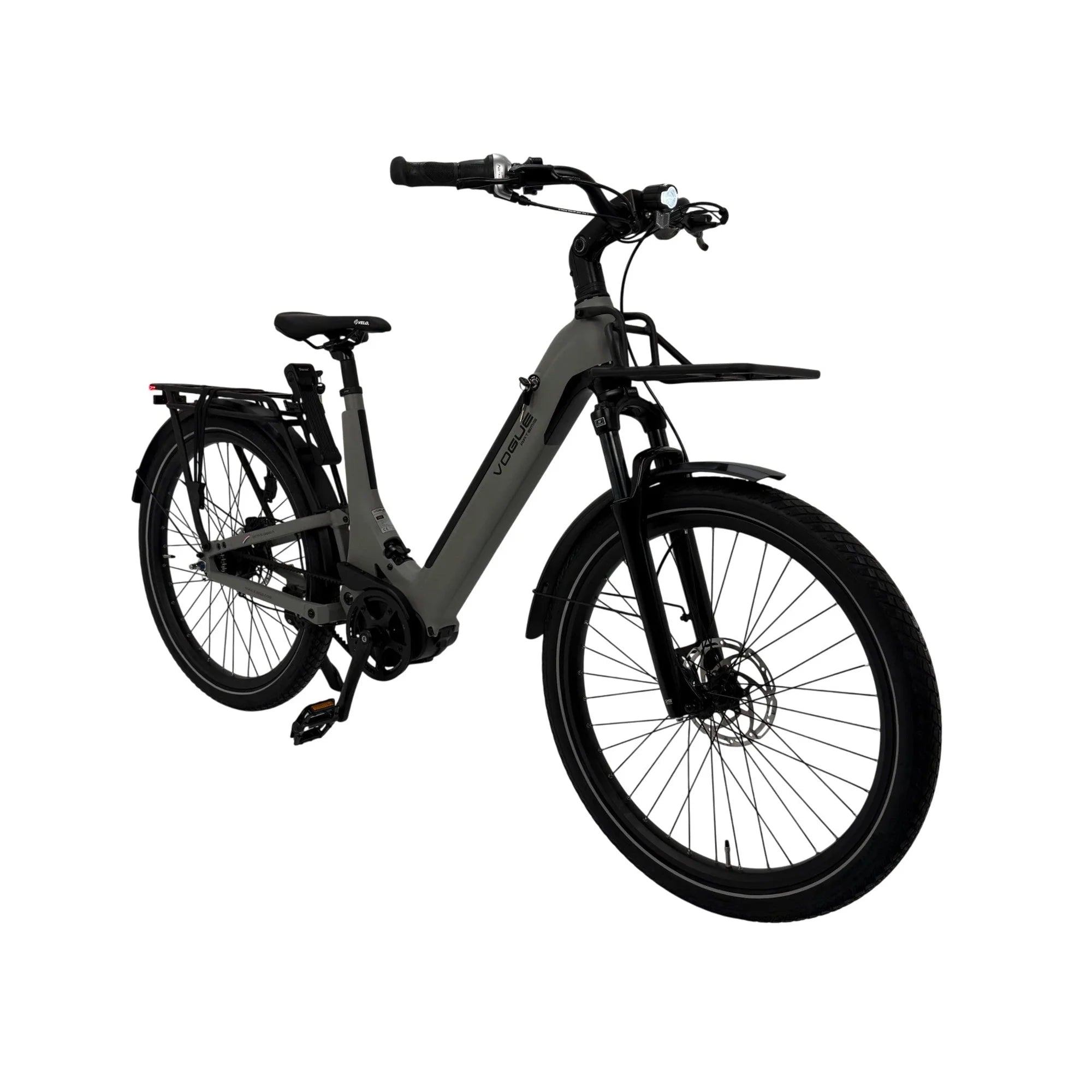 Vogue Artemis grijze elektrische fiets met middenmotor en riemaandrijving, comfortabel voor dagelijks gebruik.