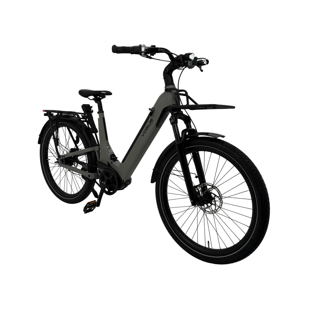 Vogue Artemis grijze elektrische fiets met middenmotor en riemaandrijving, comfortabel voor dagelijks gebruik.