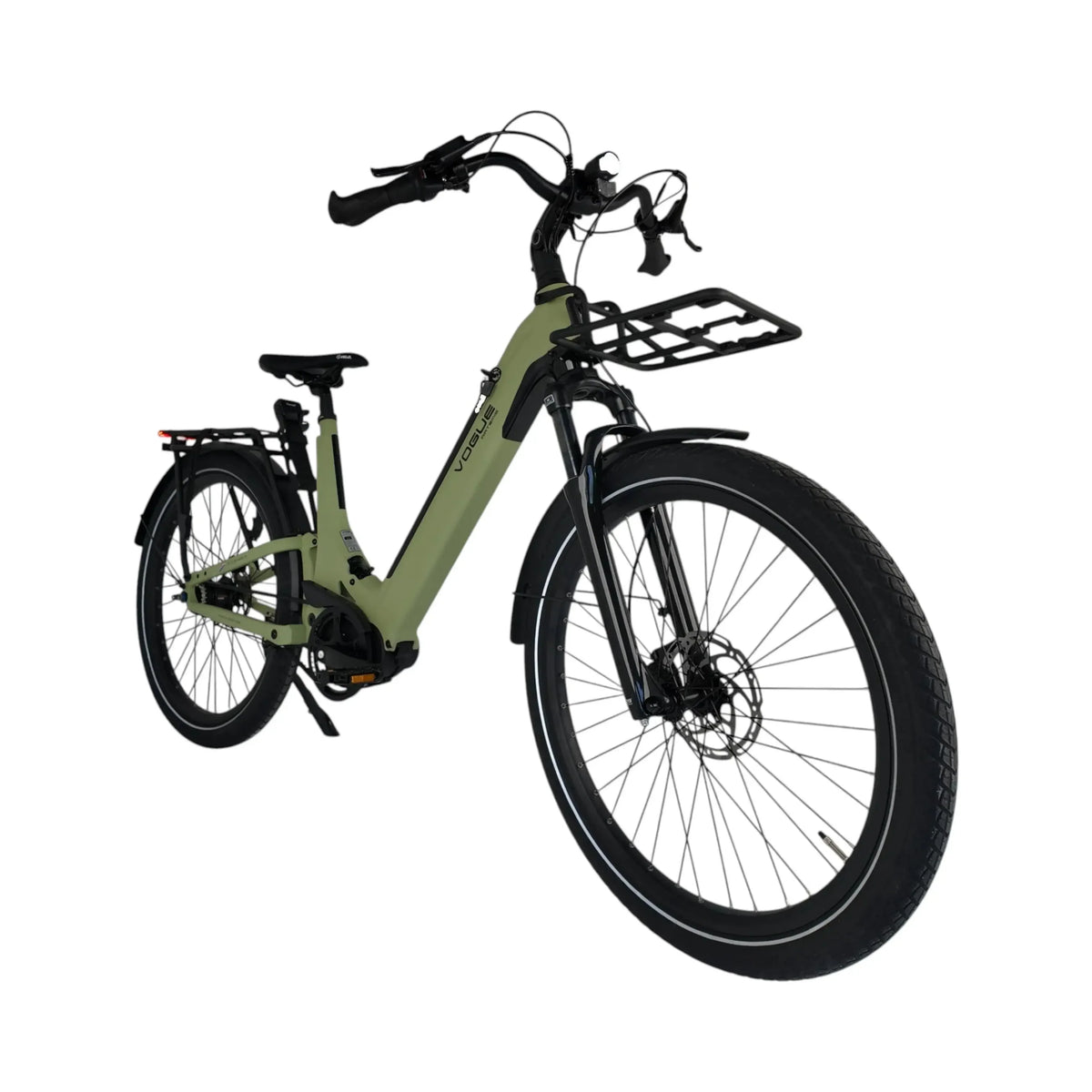 Groene Vogue Artemis elektrische fiets met middenmotor en riemaandrijving, mat afwerking en comfortabel ontwerp.