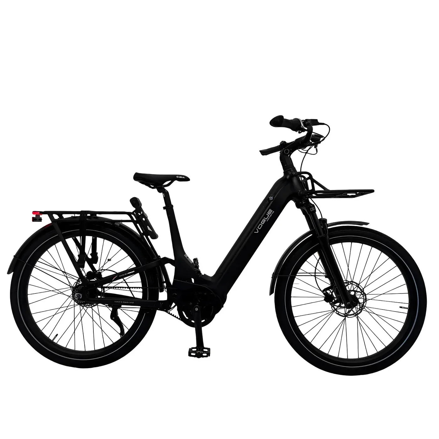 Zwart matte Vogue Artemis comfort e-bike met riemaandrijving en 468Wh accu, 50 cm frame, geschikt voor stadsritten