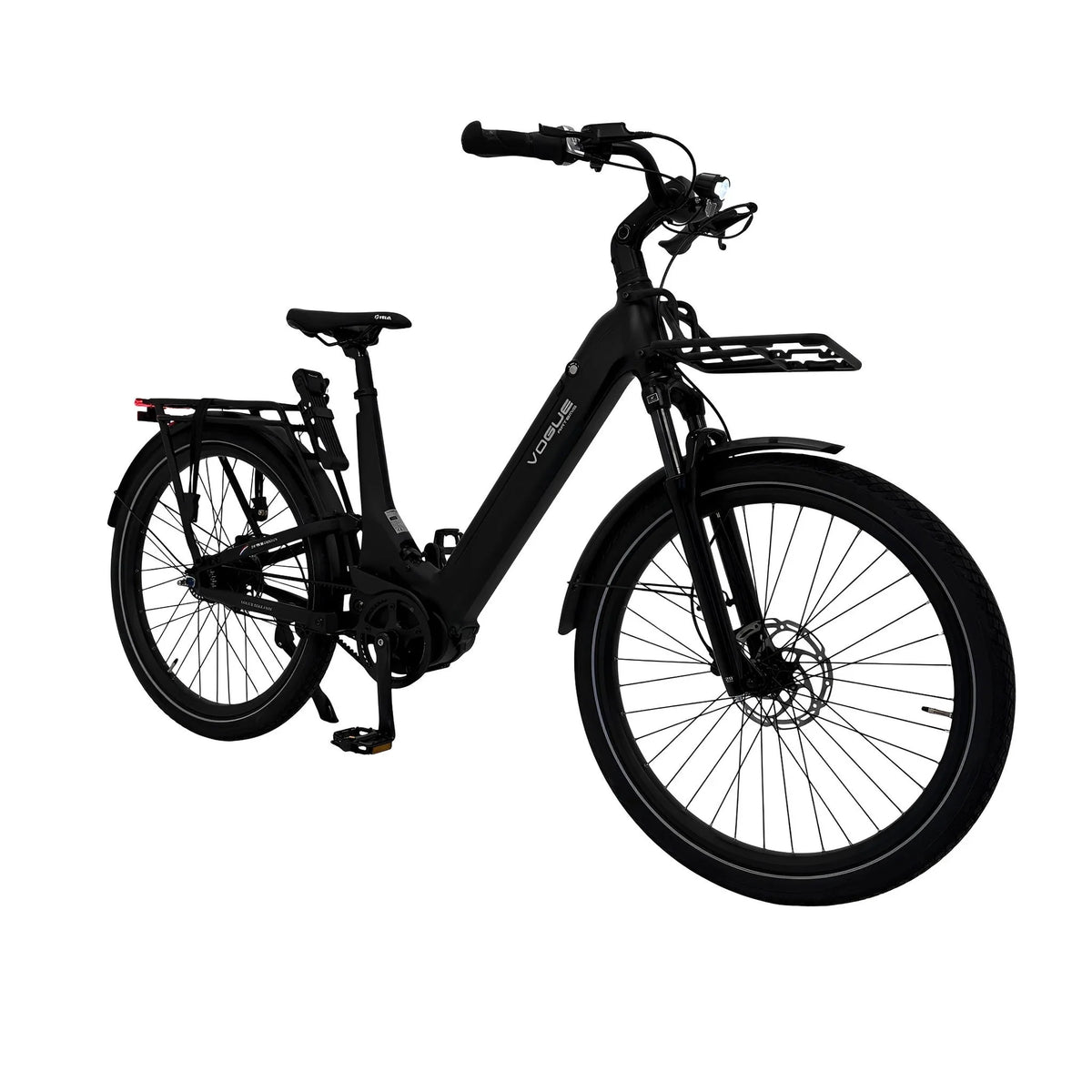 Zwart Vogue Artemis comfort e-bike met riemaandrijving, matte afwerking en moderne ontwerp, zichtbaar in de afbeelding.