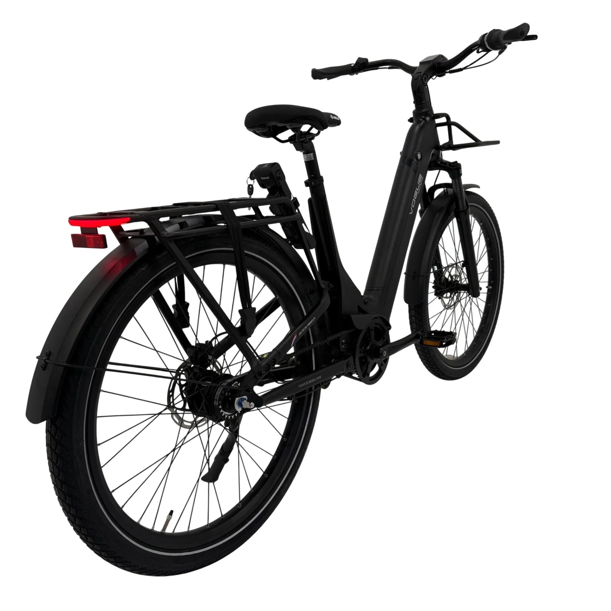 Zwart Vogue Artemis comfort e-bike met riemaandrijving en mat afwerking, geschikt voor comfortabel stadsrijden.