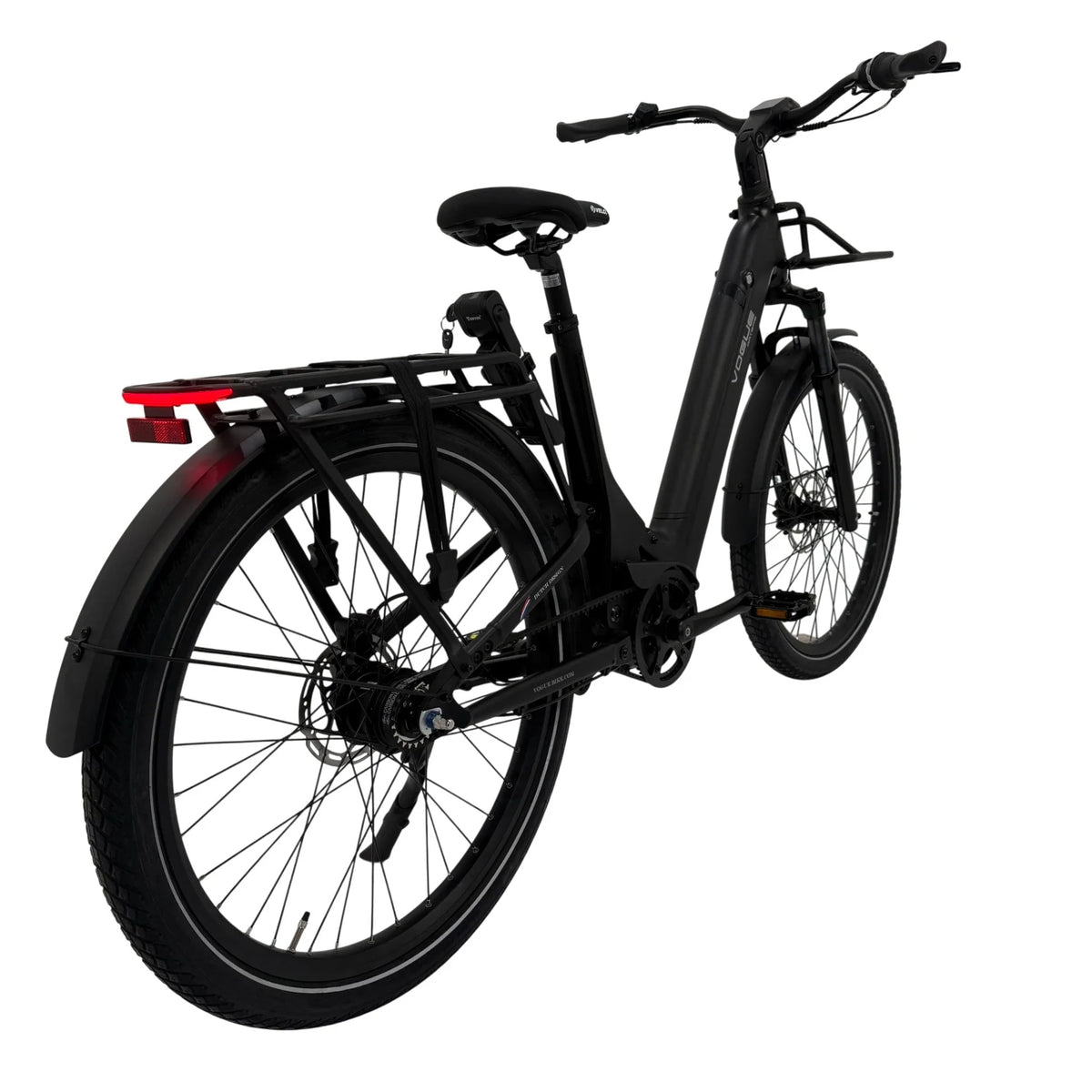 Zwart Vogue Artemis comfort e-bike met riemaandrijving en mat afwerking, geschikt voor comfortabel stadsrijden.