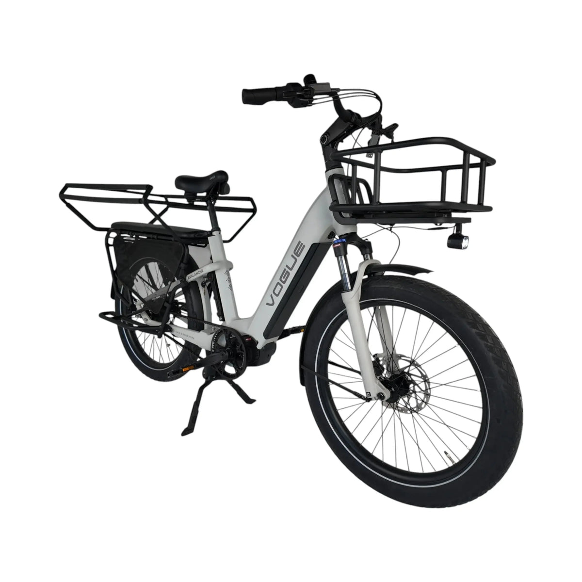 Vogue Avalanche grijze elektrische gezinsfiets met lage instap, geschikt voor 2 kinderen, zichtbaar in de afbeelding.