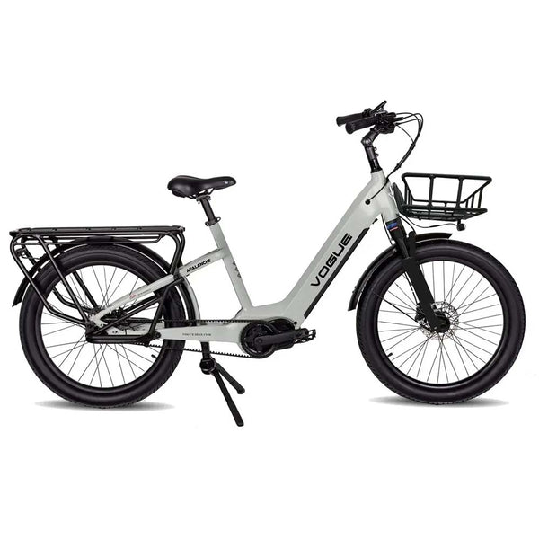 Vogue Avalanche elektrische gezinsfiets in grijs met lage instap, geschikt voor 2 kinderen en ideaal voor familietochten.