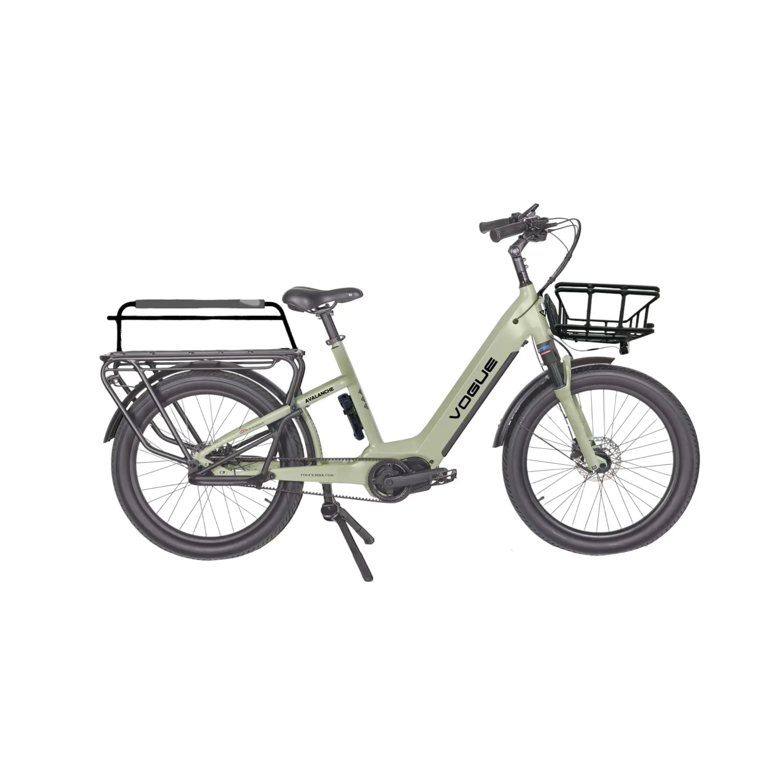 Vogue Avalanche groene elektrische gezinsfiets met lage instap, geschikt voor twee kinderen, ontworpen voor comfortabel fietsen.