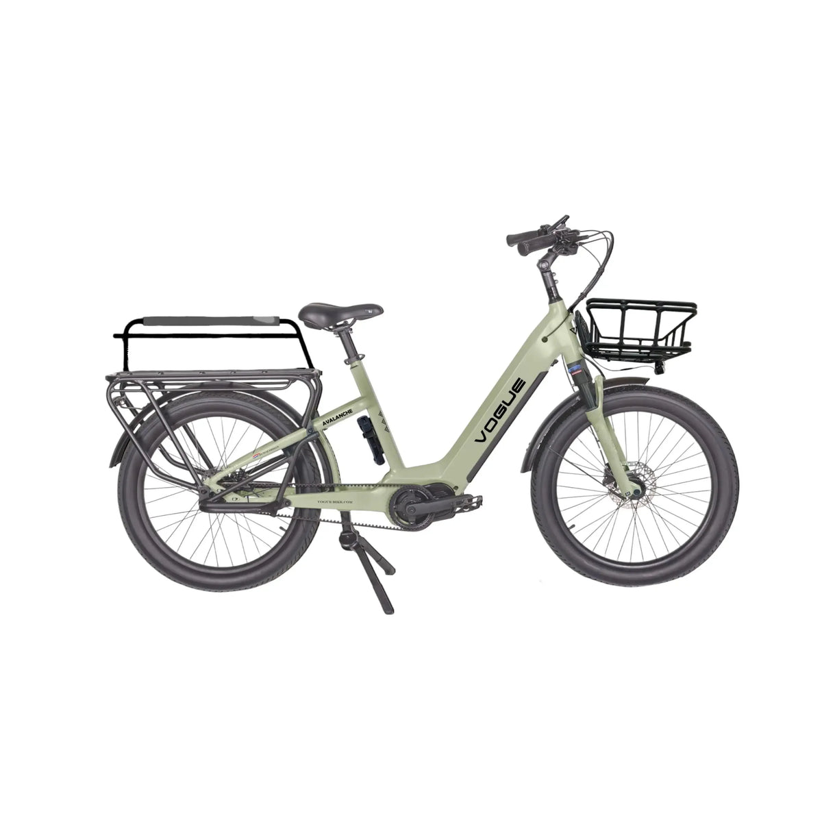 Vogue Avalanche groene elektrische gezinsfiets met lage instap, geschikt voor twee kinderen, ontworpen voor comfortabel fietsen.