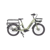 Vogue Avalanche groene elektrische gezinsfiets met lage instap, geschikt voor twee kinderen, ontworpen voor comfortabel fietsen.