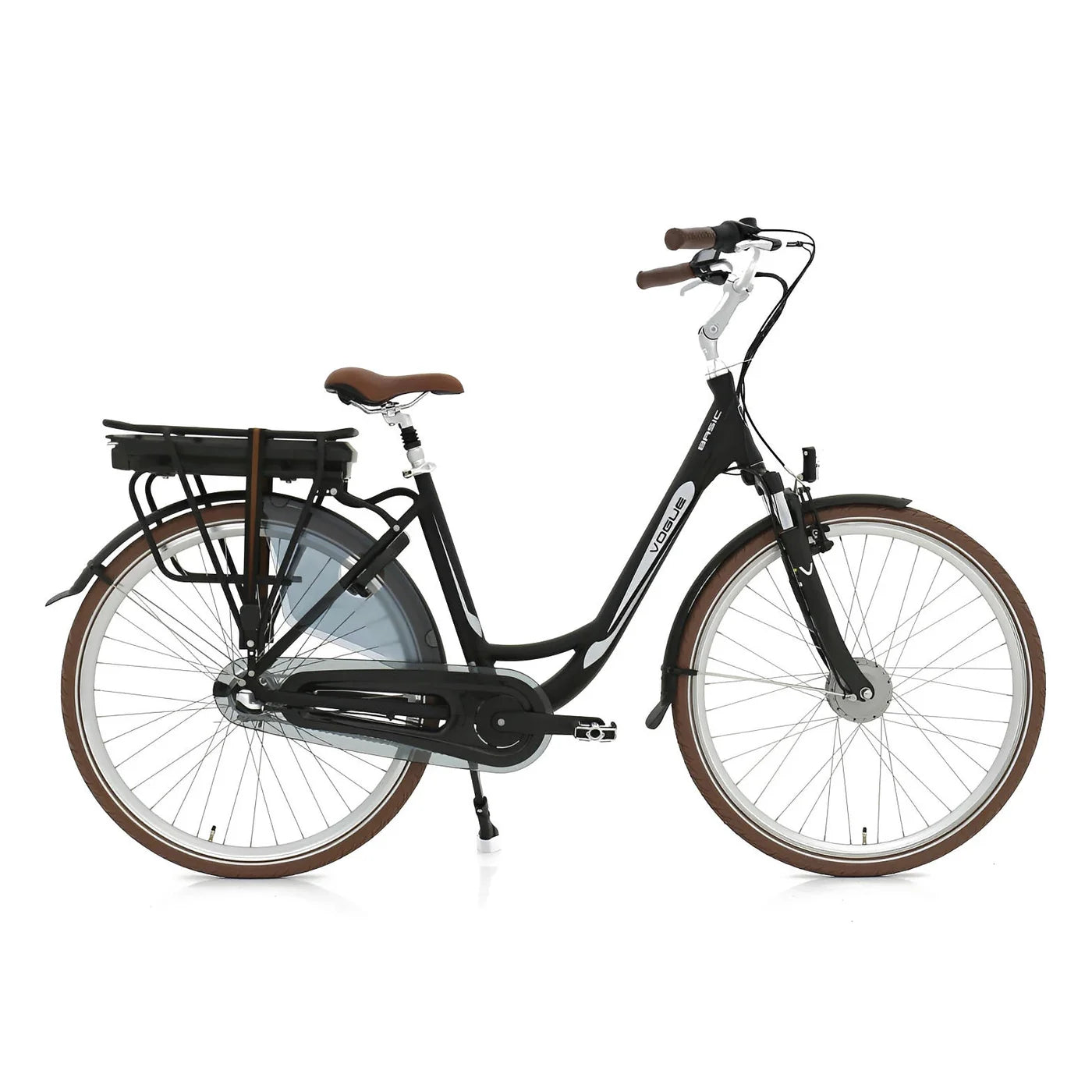 Vogue Basic e-bike in bruin en zwart met comfortabele zithouding en 13Ah accu, geschikt voor stadsritten.