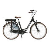 Vogue Basic e-bike in bruin en zwart met comfortabele zithouding en 13Ah accu, geschikt voor stadsritten.