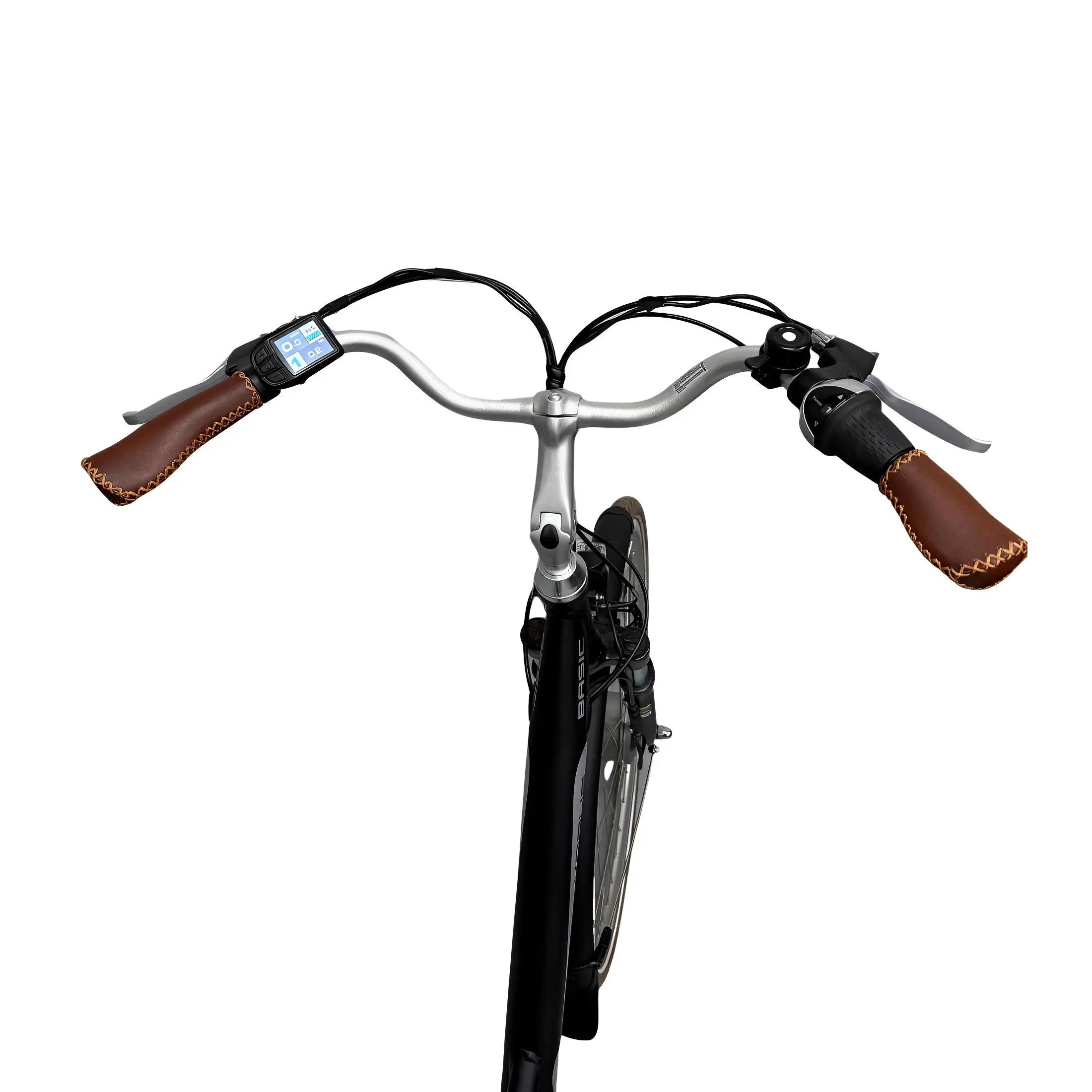 Vogue Basic E-bike stuur in bruin en zwart, comfortabel stadsfiets met handgrepen en bedieningsknoppen zichtbaar