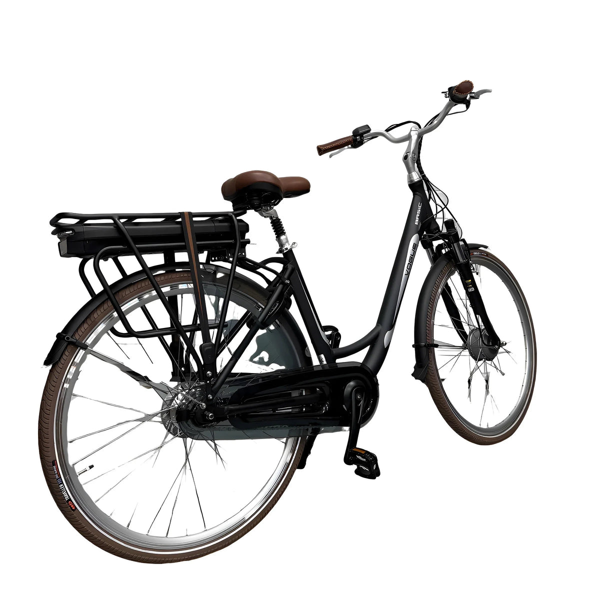 Vogue Basic E-bike bruine en zwarte stadsfiets met comfortabele zithouding en 13Ah accu, geschikt voor stadsritten.