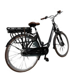 Vogue Basic E-bike bruine en zwarte stadsfiets met comfortabele zithouding en 13Ah accu, geschikt voor stadsritten.