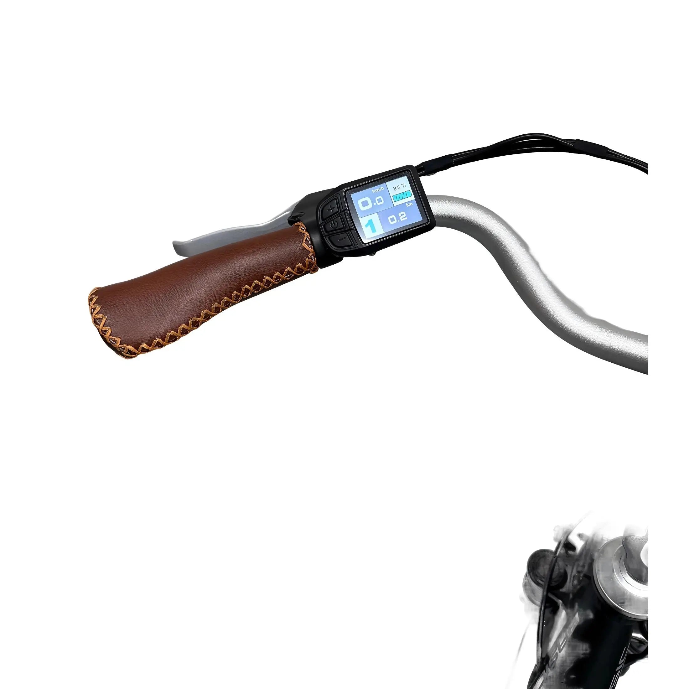 Vogue Basic E-bike in bruin en zwart met 13Ah accu, comfortabele stadsfiets met display en elektrische ondersteuning.