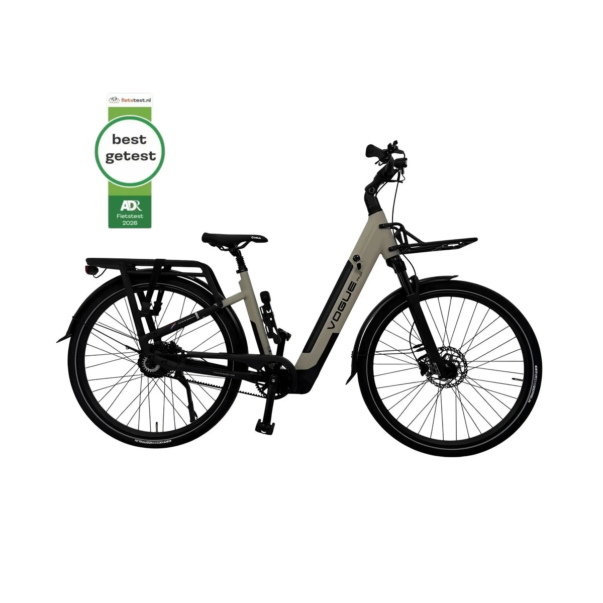 Vogue Milo grijze luxe e-bike met riemaandrijving en Bafang motor, zichtbaar in de afbeelding