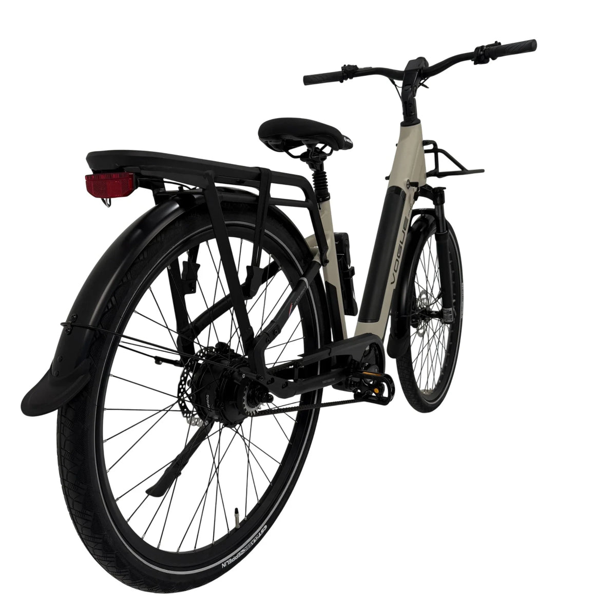 Luxe Vogue Milo grijze e-bike met riemaandrijving en Bafang motor, zichtbaar in de afbeelding.