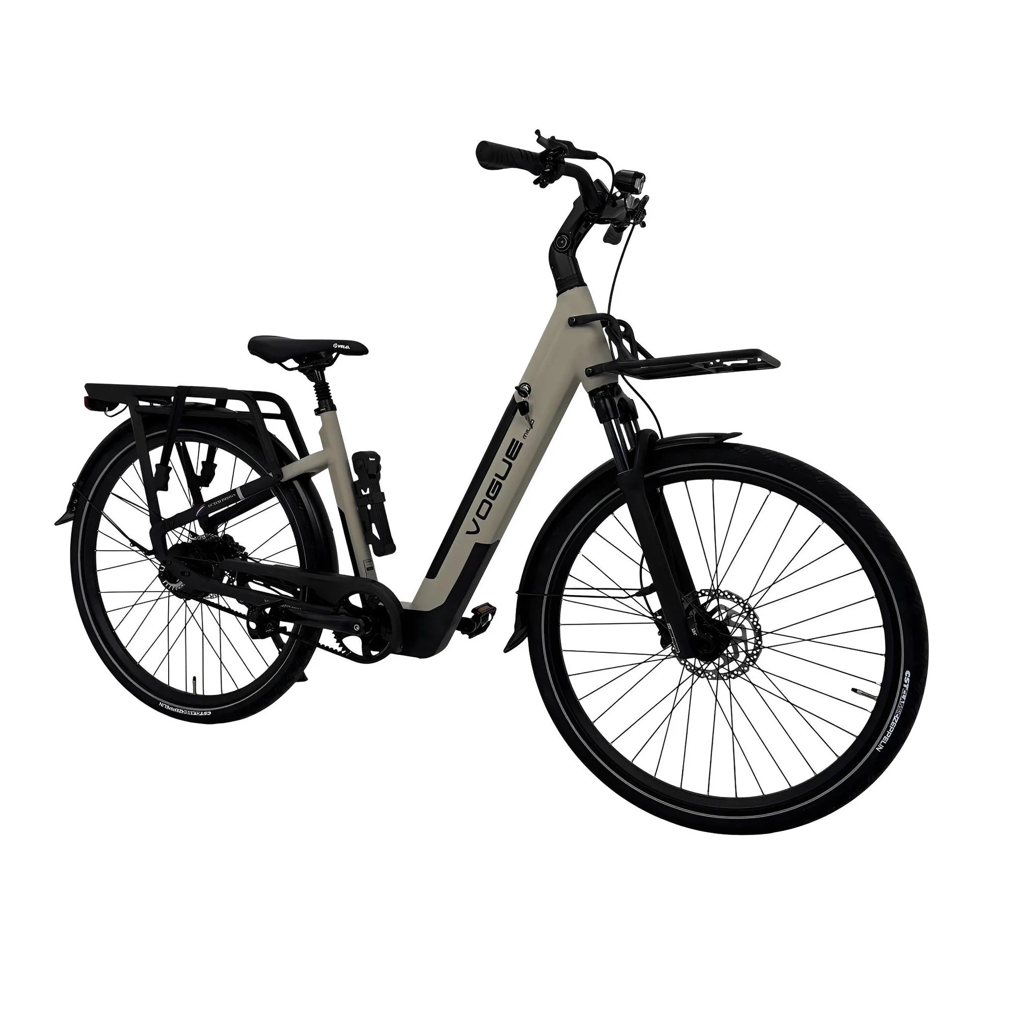 Vogue Milo grijze luxe e-bike met riemaandrijving en Bafang motor, zichtbaar vanaf de zijkant op een stadsstraat