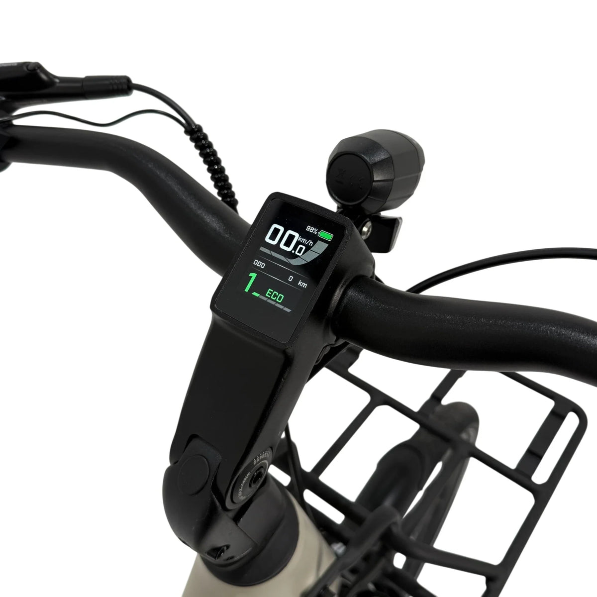 Vogue Milo Grijs luxe e-bike met riemaandrijving en Bafang motor, zichtbaar met frame, accu en wielen in een moderne setting