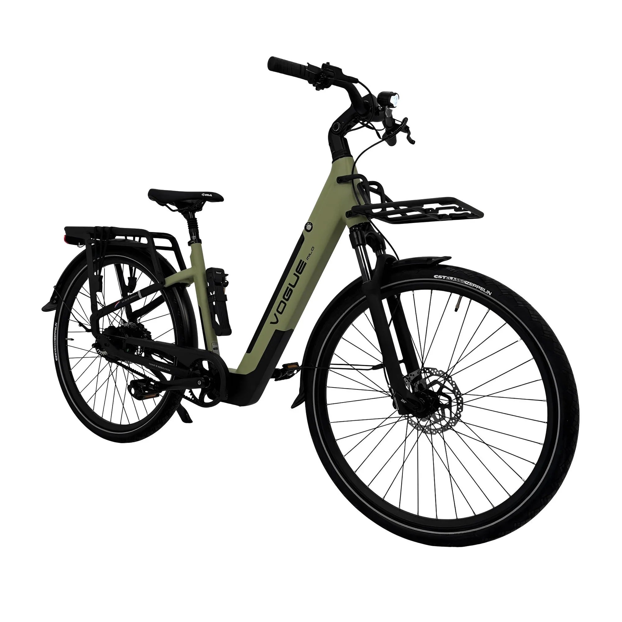 Groene Vogue Milo luxe e-bike met riemaandrijving en Bafang motor, zichtbaar vanaf de zijkant met zadel en stuur.