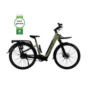 Groene Vogue Milo luxe e-bike met riemaandrijving en Bafang motor, zichtbaar met frame en elektrische onderdelen