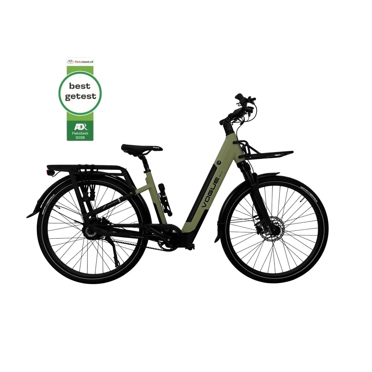 Groene Vogue Milo luxe e-bike met riemaandrijving en Bafang motor, zichtbaar met frame en elektrische onderdelen