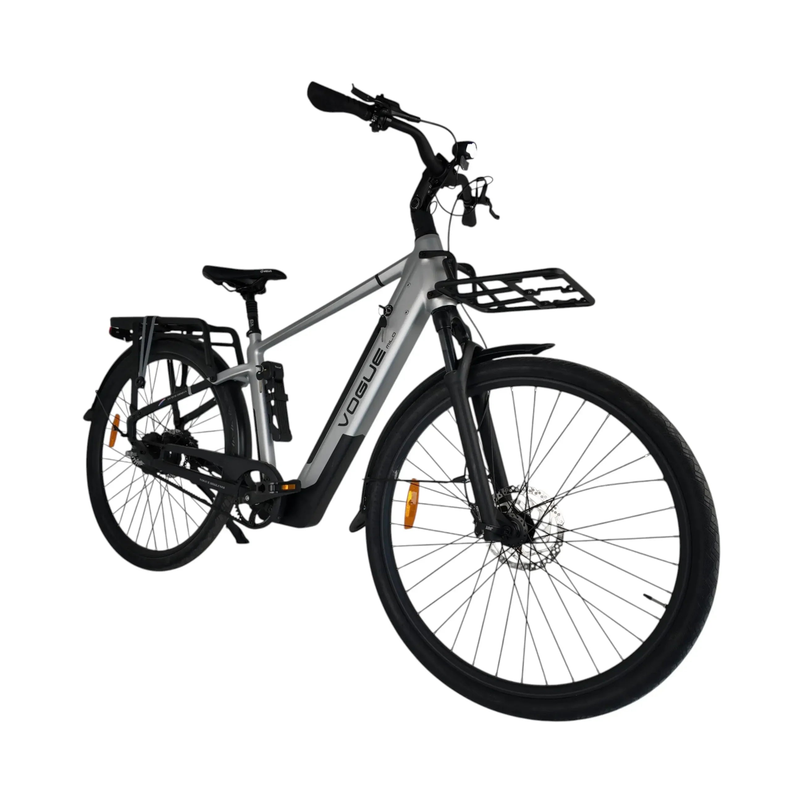 Vogue Milo Man e-bike in grijs met onderhoudsarme riemaandrijving en comfortabel frame, geschikt voor stadsgebruik