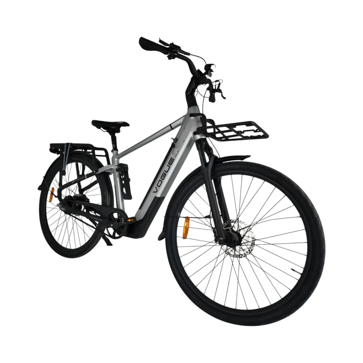 Vogue Milo Man e-bike in grijs met onderhoudsarme riemaandrijving en comfortabel frame, geschikt voor stadsgebruik