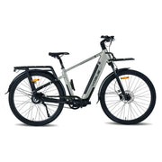 Vogue Milo Man grijze e-bike met onderhoudsarme riemaandrijving en comfortabele zitpositie, geschikt voor stadsritten.