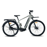 Vogue Milo Man grijze e-bike met onderhoudsarme riemaandrijving en comfortabele zitpositie, geschikt voor stadsritten.