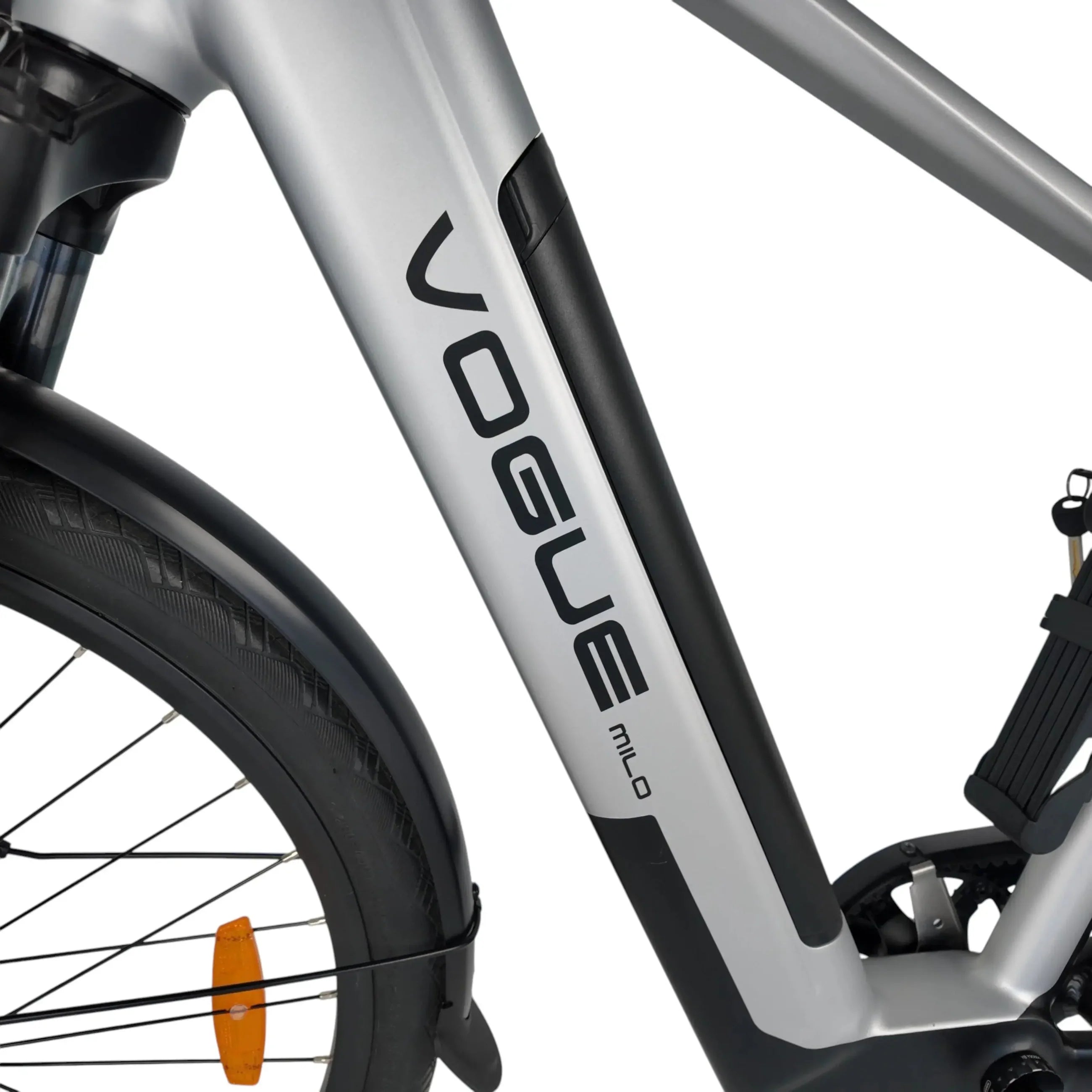 Vogue Milo Man grijze e-bike met riemaandrijving en accu, onderhoudsarm en geschikt voor dagelijks gebruik