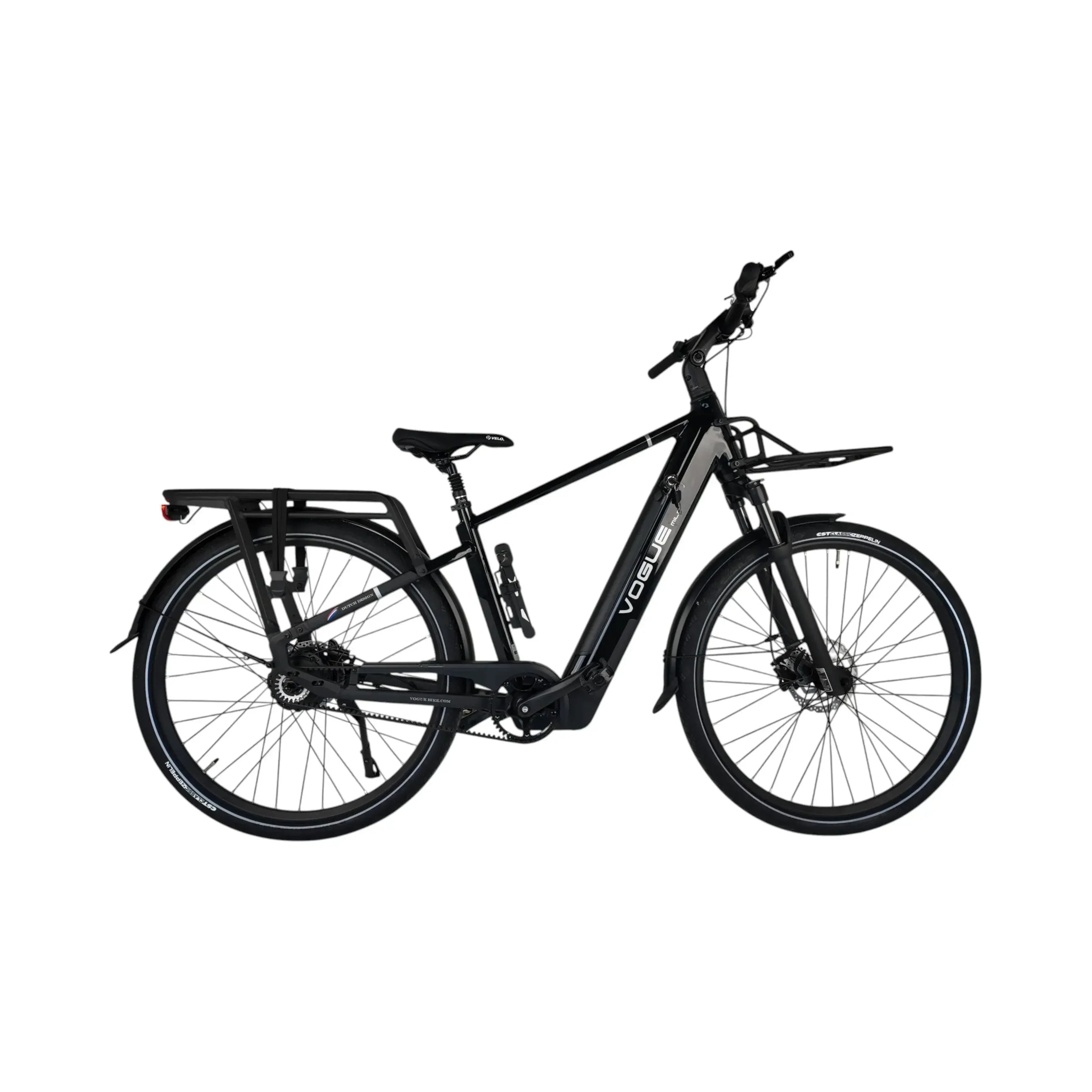 Zwarte Vogue Milo Man e-bike met onderhoudsarme riemaandrijving en moderne uitstraling, geschikt voor comfortabel stadsgebruik.