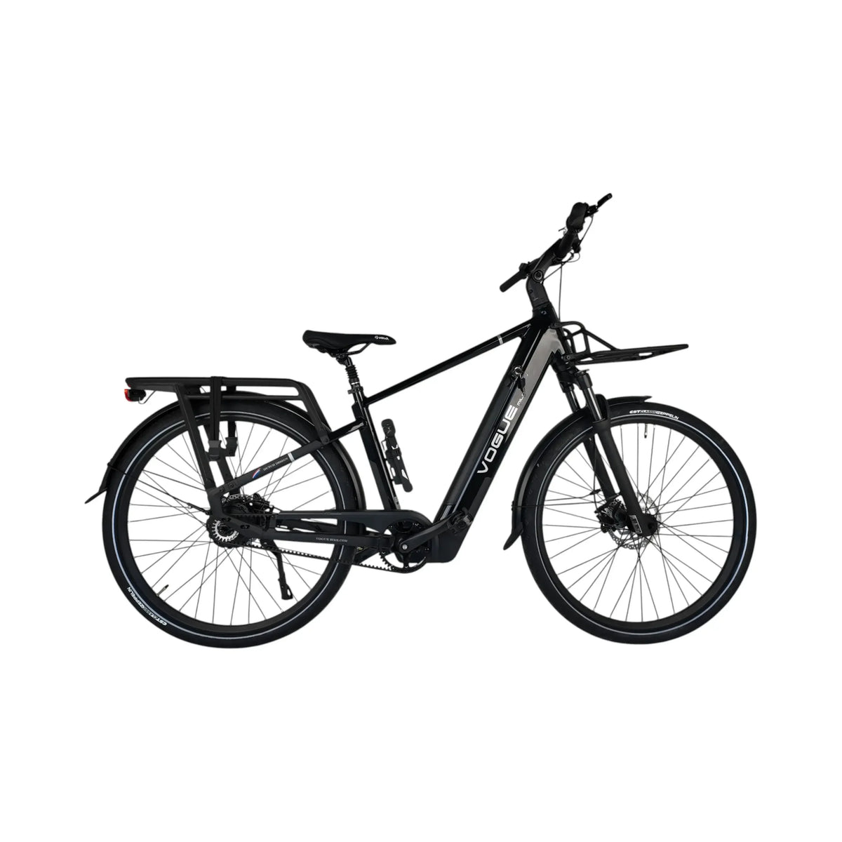 Zwarte Vogue Milo Man e-bike met onderhoudsarme riemaandrijving en moderne uitstraling, geschikt voor comfortabel stadsgebruik.