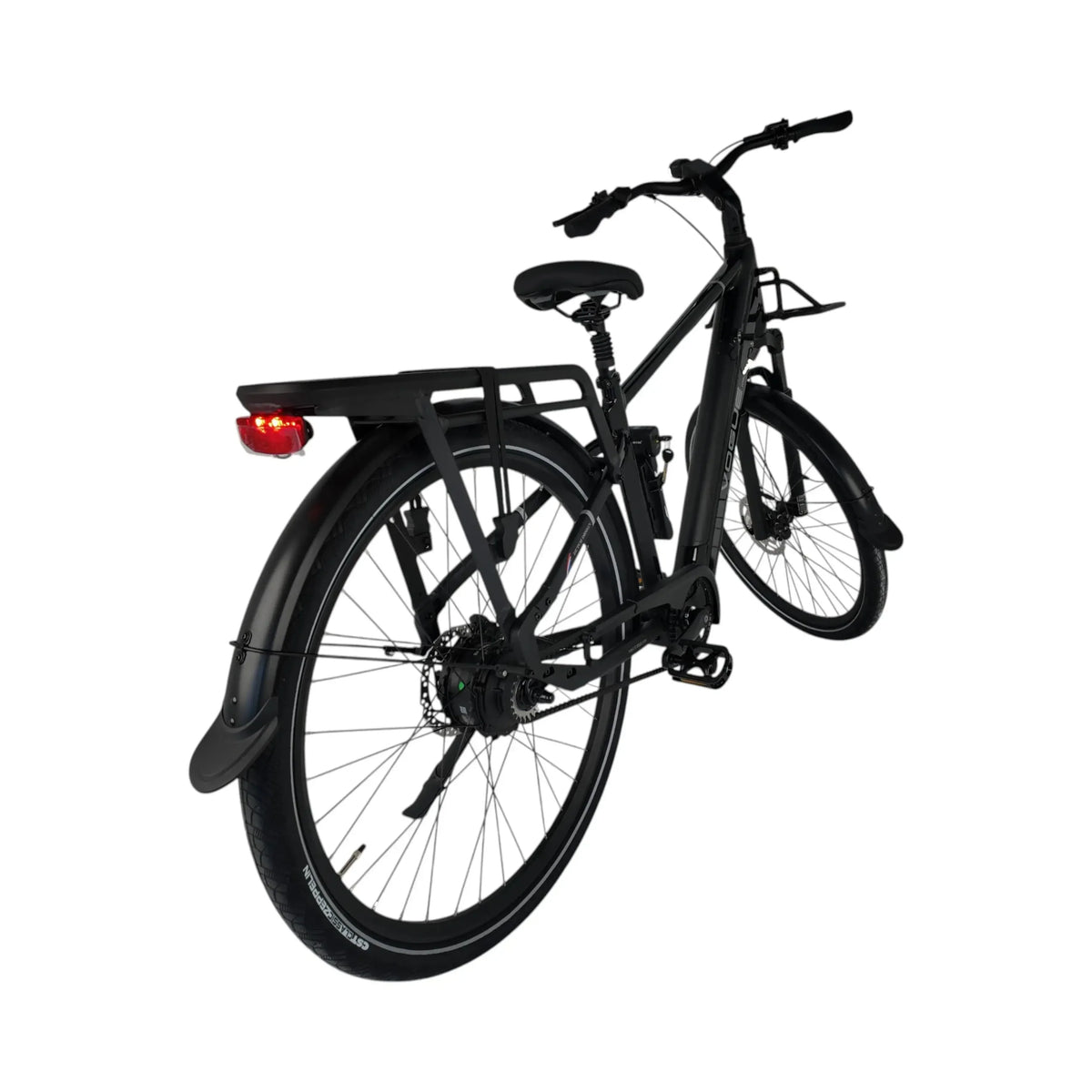 Vogue Milo Man zwarte e-bike met onderhoudsarme riemaandrijving en moderne ontwerp, ideaal voor stadsverkeer.